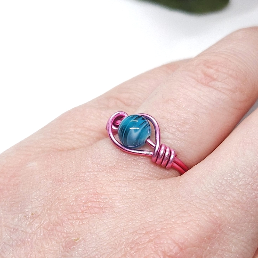 Handmade Pink Wire & Teal Murano Glass Bead Ring Vintage Beaded Wire Ring 5.5